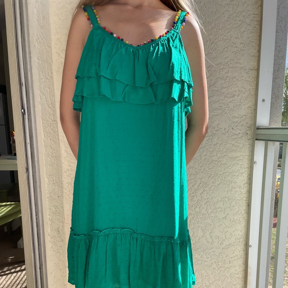 Green Ruffle Dress with Rainbow Details